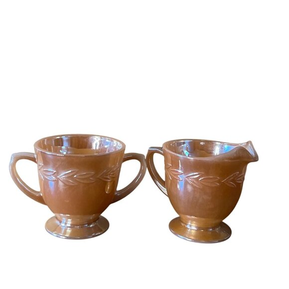 Vintage Fire-King Peach Lustre Creamer & Sugar Set With Laurel Pattern - Picture 1 of 8